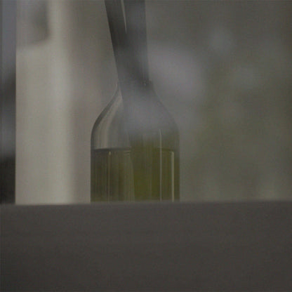 Close-up of reed diffuser glass neck with several black reeds