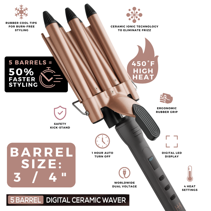 Hot & Hotter 5 Barrel Digital Ceramic Curling Iron 3/4in, 1 Count Hair Waver, Rose Gold