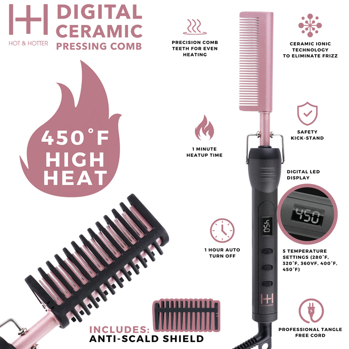 Hot & Hotter Digital Ceramic Pressing Hot Comb, 1 Count, Black & Gold