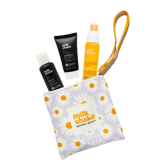 milk_shake hair care products including icy blond and incredible milk in a daisy pouch