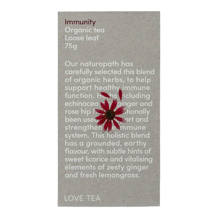 75g box Love Tea Immunity Loose Leaf Tea, herbal blend with echinacea root, ginger, and rosehip.