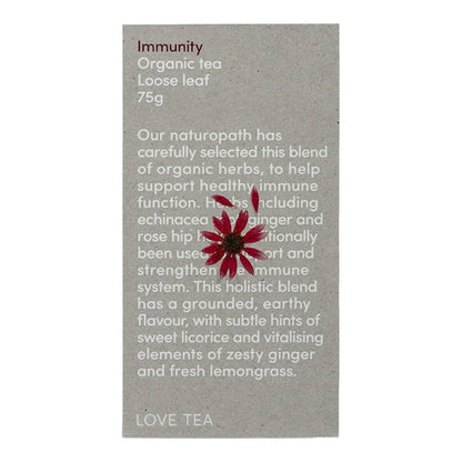 75g box Love Tea Immunity Loose Leaf Tea, herbal blend with echinacea root, ginger, and rosehip.