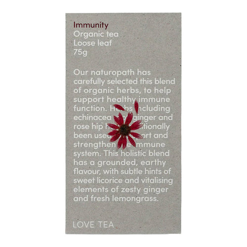 75g box Love Tea Immunity Loose Leaf Tea, herbal blend with echinacea root, ginger, and rosehip.