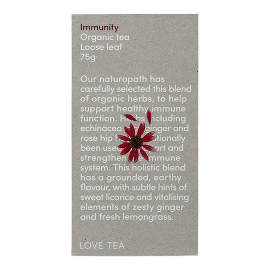 75g box Love Tea Immunity Loose Leaf Tea, herbal blend with echinacea root, ginger, and rosehip.