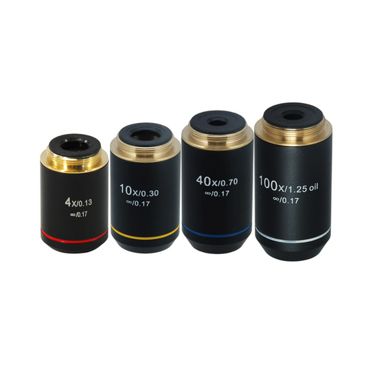 Infinity-Corrected Achromatic Microscope Objective Lens Set (Oil Spring) 4X 10X 40X 100X with Black Finish, SKU BM03013011, three quarter front view
