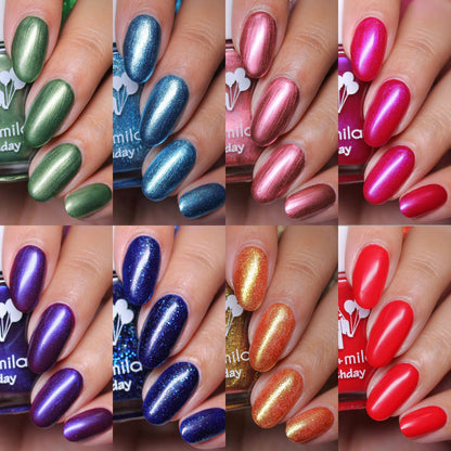 Jeweled Elegance 10th Birthday Collection swatch grid: jade, blue, gold, rose, cobalt, purple, pink and red