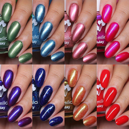 Jeweled Elegance 10th Birthday Collection swatch grid of jewel-tone shimmers on a light skin tone
