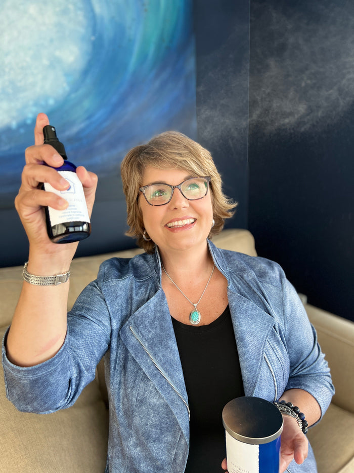 Jill spraying Just Jill "Home" Candle and Room Spray Set