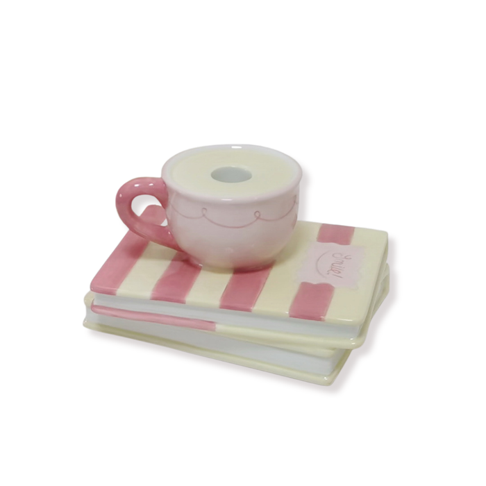 Kandelaar - Kopje op stapel boeken - Geel/Roze - Dolomiet - 16,5x13,5x9,5cm
