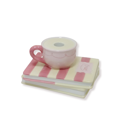Kandelaar - Kopje op stapel boeken - Geel/Roze - Dolomiet - 16,5x13,5x9,5cm