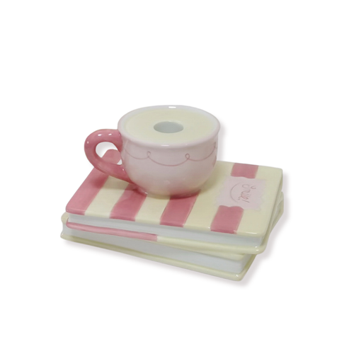 Kandelaar - Kopje op stapel boeken - Geel/Roze - Dolomiet - 16,5x13,5x9,5cm