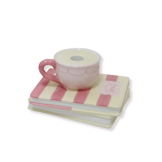 Kandelaar - Kopje op stapel boeken - Geel/Roze - Dolomiet - 16,5x13,5x9,5cm