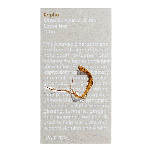 100g box Love Tea Kapha Loose Leaf Tea, Ayurvedic herbal blend with ginseng, turmeric, ginger, and cinnamon.