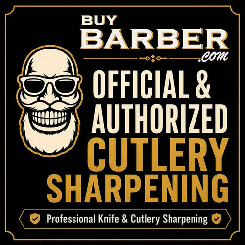 Promotional graphic for 'Buy Barber.com' featuring a cartoon bearded man wearing sunglasses on a black background, with large text reading 'Official & Authorized Cutlery Sharpening' and a banner at the bottom that says 'Professional Knife & Cutlery Sharpening'.