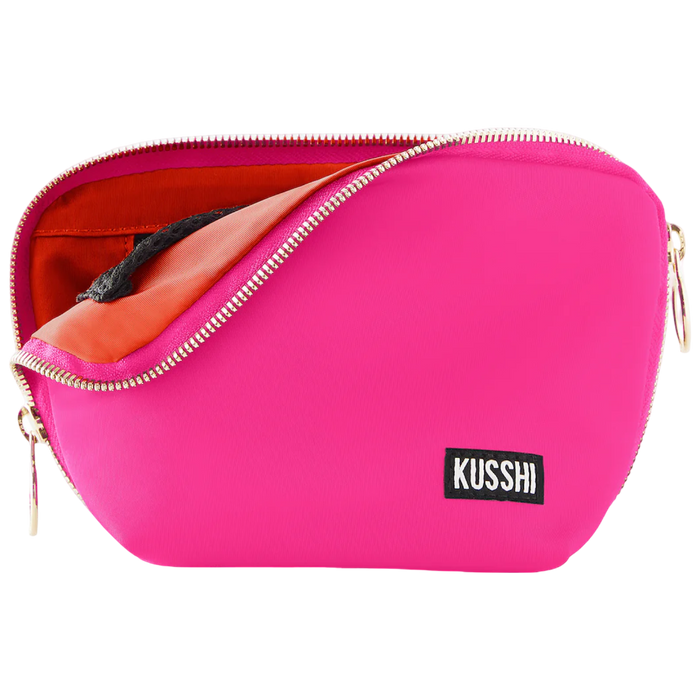 kusshi everyday makeup bag, bubble gum pink makeup bag, kusshi cosmetic bag, travel makeup bag, stylish toiletry bag, kusshi pink orange bag, everyday beauty bag, durable fabric makeup bag