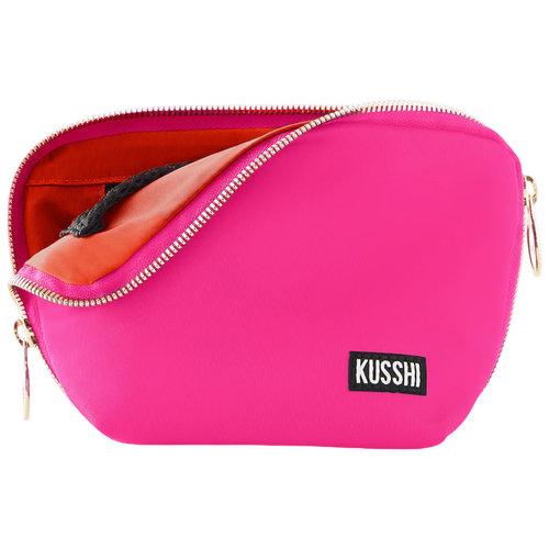 kusshi everyday makeup bag, bubble gum pink makeup bag, kusshi cosmetic bag, travel makeup bag, stylish toiletry bag, kusshi pink orange bag, everyday beauty bag, durable fabric makeup bag