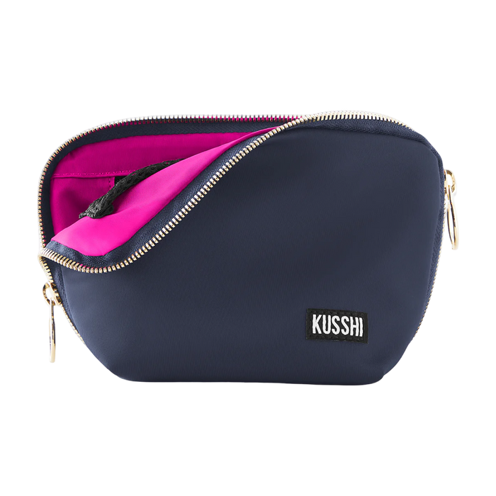 kusshi everyday makeup bag, navy cosmetic bag, kusshi makeup organizer, travel makeup bag, navy pink makeup bag, kusshi toiletry bag, everyday beauty bag, durable fabric makeup case