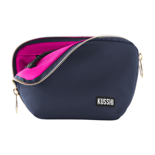 kusshi everyday makeup bag, navy cosmetic bag, kusshi makeup organizer, travel makeup bag, navy pink makeup bag, kusshi toiletry bag, everyday beauty bag, durable fabric makeup case