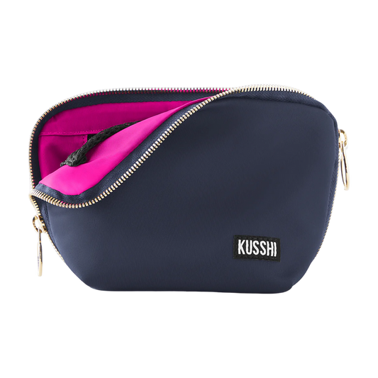 kusshi everyday makeup bag, navy cosmetic bag, kusshi makeup organizer, travel makeup bag, navy pink makeup bag, kusshi toiletry bag, everyday beauty bag, durable fabric makeup case