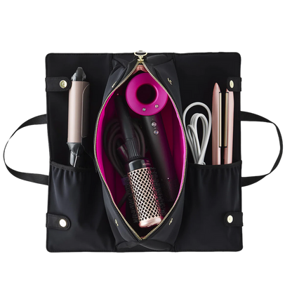 kusshi hair tools bag, black pink hair tool bag, travel hair dryer bag, kusshi curling iron case, heat resistant hair tools bag, stylish hair accessory storage, kusshi beauty bag, hair tool organizer
