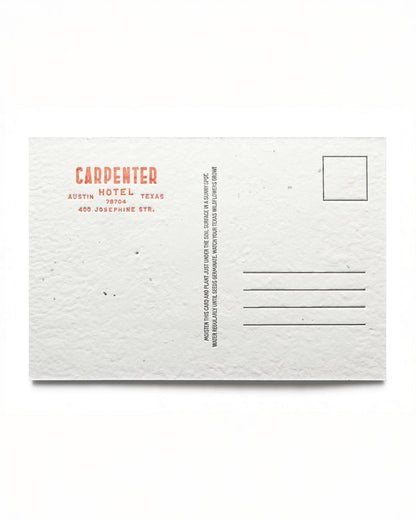 Postcard with 'Carpenter Hotel Austin Texas 400 Josephine Str. 78704' text on a textured white background