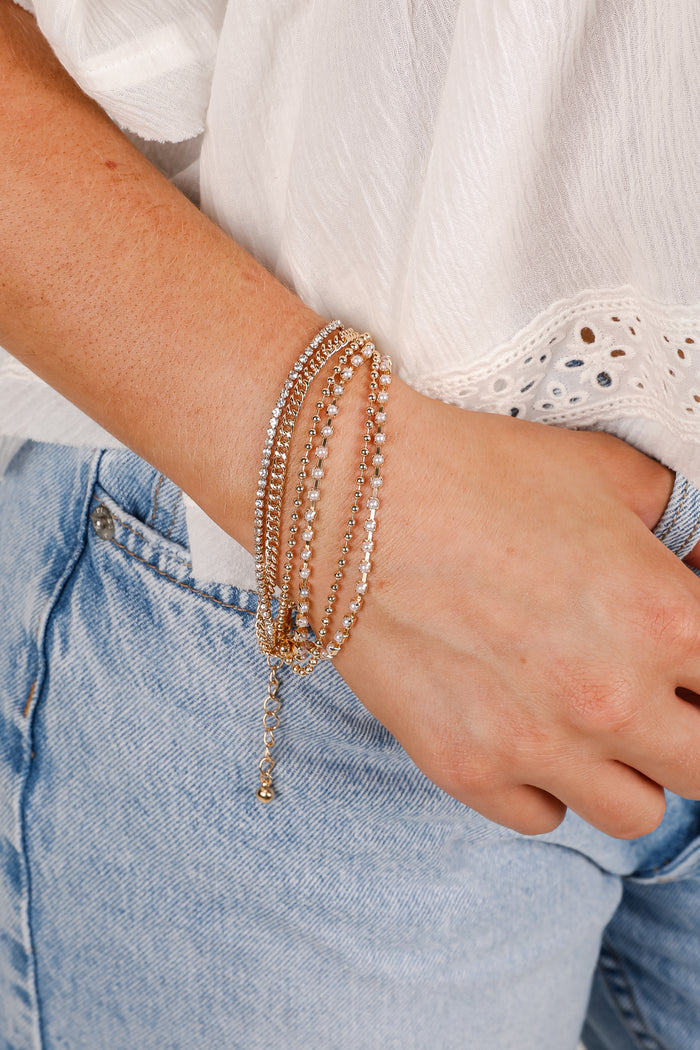 Laura Gold Rhinestone + Pearl Layered Chain Bracelet