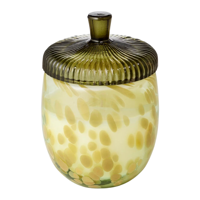 Decorative glass jar with a ribbed lid on a white background