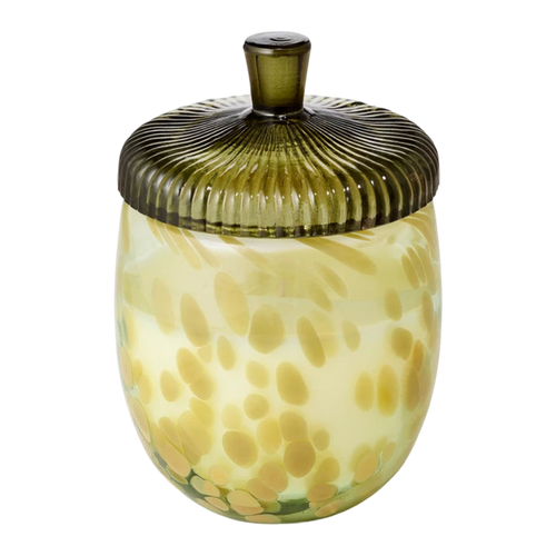 Decorative glass jar with a ribbed lid on a white background