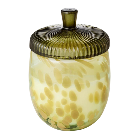 Decorative glass jar with a ribbed lid on a white background