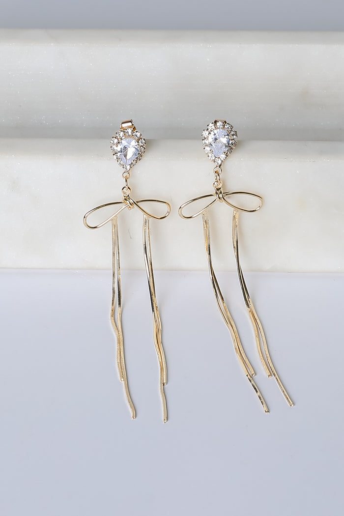 Lily Gold Rhinestone Bow Chain Drop Earrings