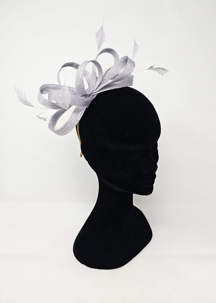 Lunar Grey Silver Looped Feather Hairband Fascinator