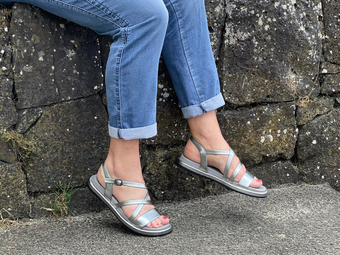 Marca women's sandals with comfortable sole unit. Soft leather strappy sandals in off pewter.