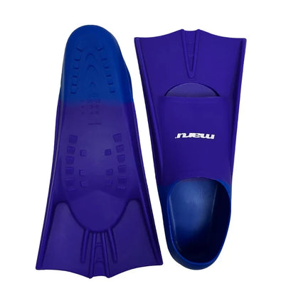 Maru Short Blade Fin in purple and blue, designed for children, showing a sleek fin with adjustable strap and vibrant colors.