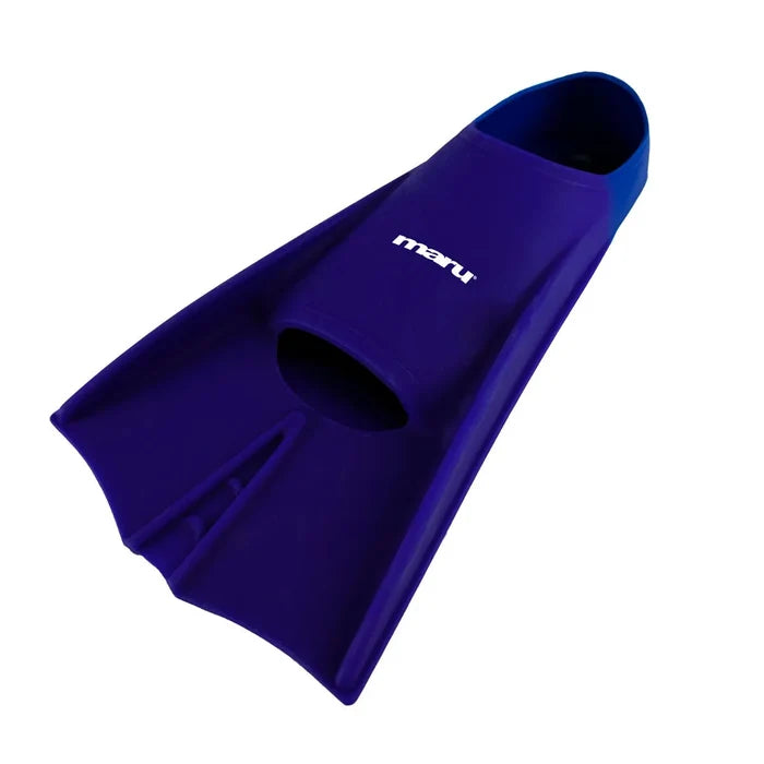 Maru short blade fins in purple and blue, designed for children, showing a sleek fin with adjustable foot pocket and fin blade