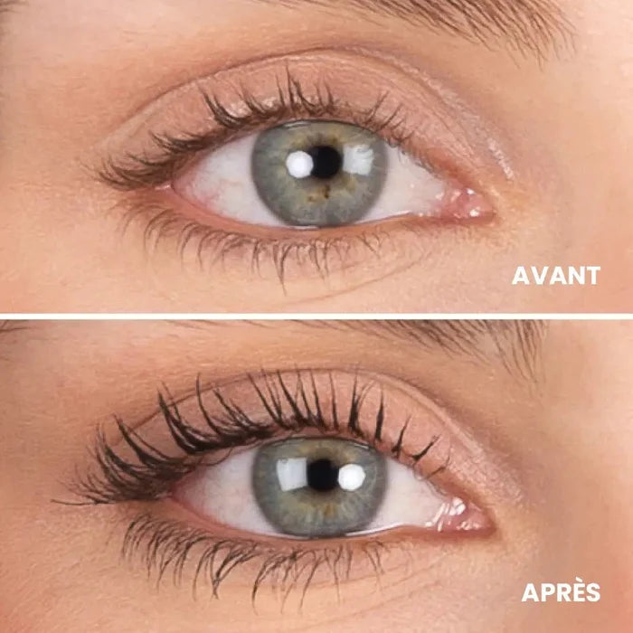 Cils avant/après application du mascara Volume Boost naturel noir Charlotte Bio