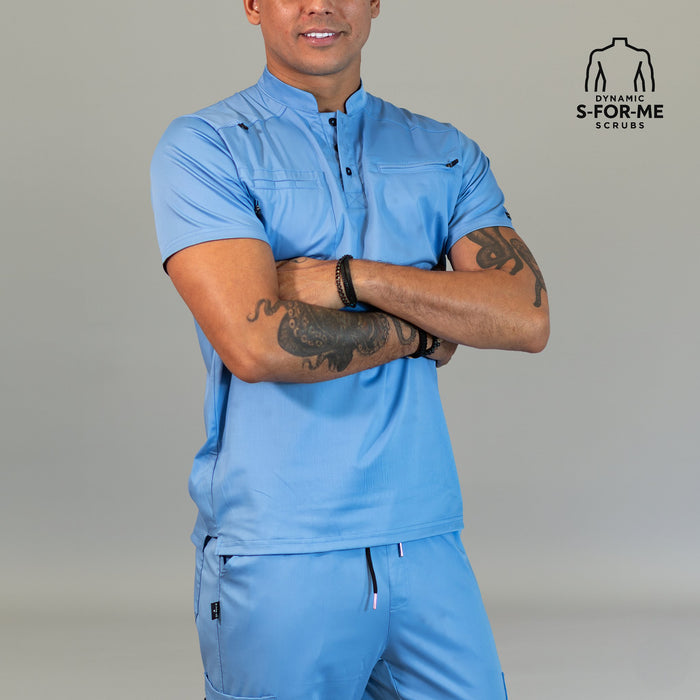 Men’s Butter Soft Touch Ceil Blue scrub top front detail
