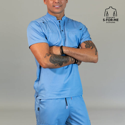 Men’s Butter Soft Touch Ceil Blue scrub top front detail