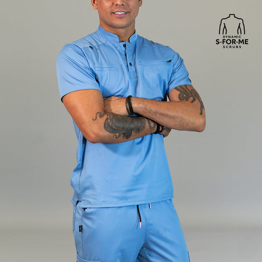 Men’s Butter Soft Touch Ceil Blue scrub top front detail
