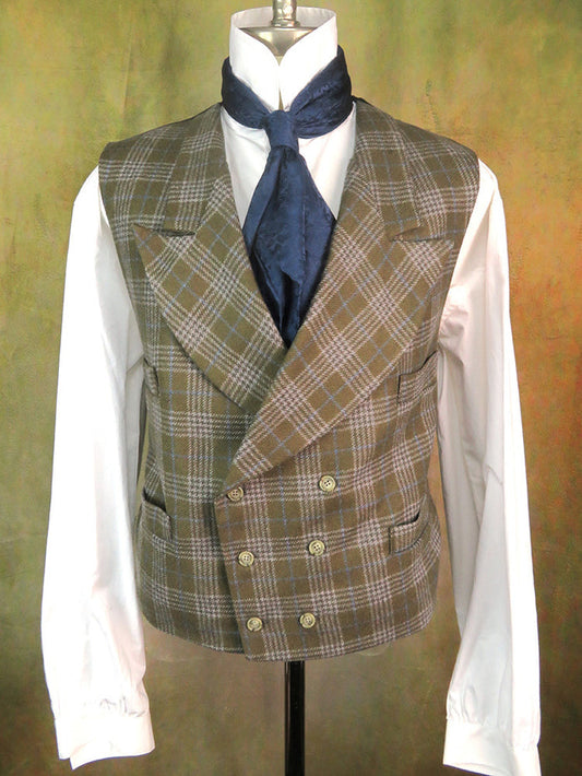 Men's Double Breasted Vest - Olive Glen Plaid with Powder Blue Accents #971-B