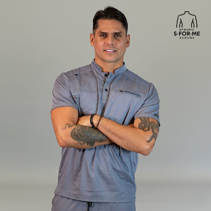 Men’s Heather Gray scrub top with butter-soft 4-way stretch fabric