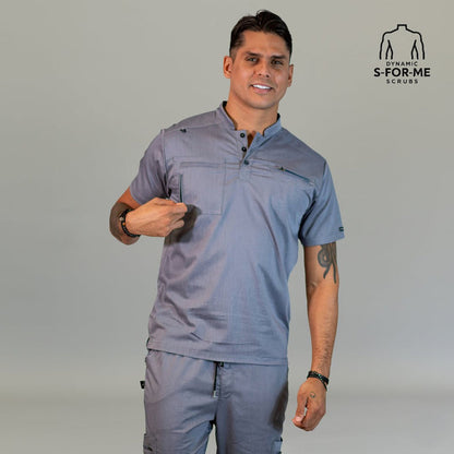 Male model wearing S-FOR-ME Style 511 Heather Gray scrub top