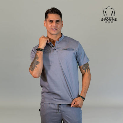Men’s Heather Gray scrub top showing professional athletic fit