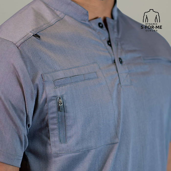 Detail of pocket and buttons on men’s Heather Gray scrub top