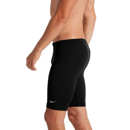 Nike men's Hydrastrong solid jammer in black, designed for swimming, featuring a sleek, durable swimwear style.