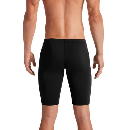 Nike men's Hydrastrong solid jammer in black, featuring a sleek swimwear design with elastic waistband and durable fabric.