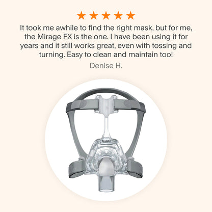 Testimonial praising the Mirage FX Nasal Mask for its long-lasting comfort, reliability through movement, and ease of cleaning and maintenance.
