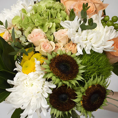 Morning Joy Green Orange Flower Bouquet Up Close