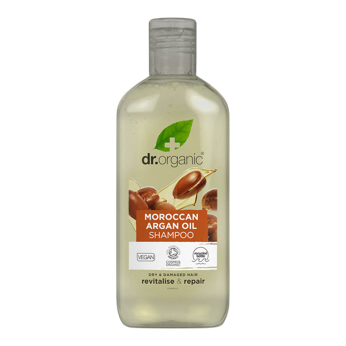 265ml bottle Dr. Organic Moroccan Argan Oil Shampoo, made with natural ingredients, leaves hair soft and shiny.