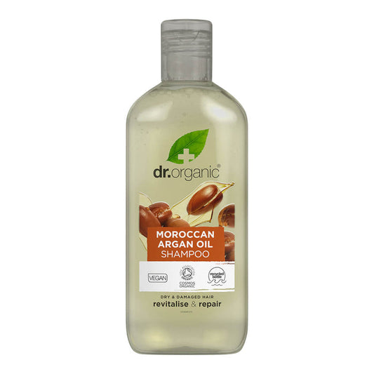 265ml bottle Dr. Organic Moroccan Argan Oil Shampoo, made with natural ingredients, leaves hair soft and shiny.