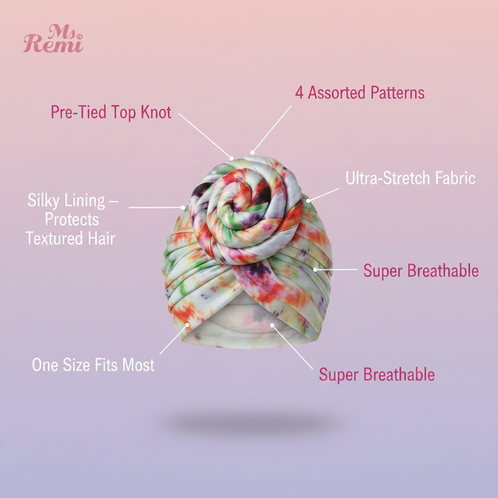 Ms. Remi Silky Top Knot Pre-Tied Turban, 1 Count, Assorted Patterns